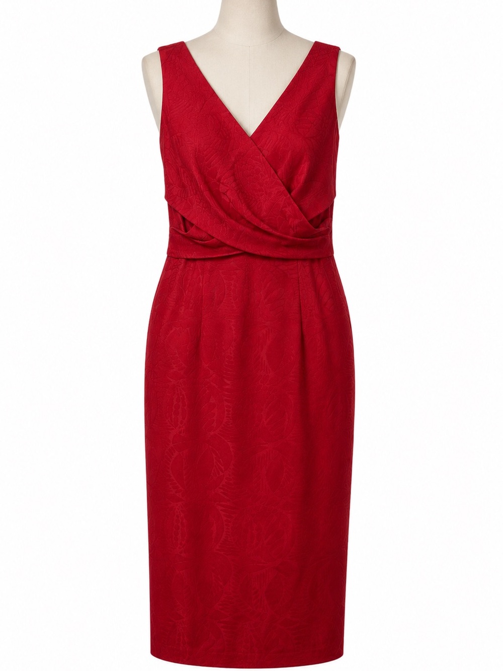 Maggy London Women’s Red V-Neck Faux Wrap Sleeveless Midi Sheath Dress. Size-10